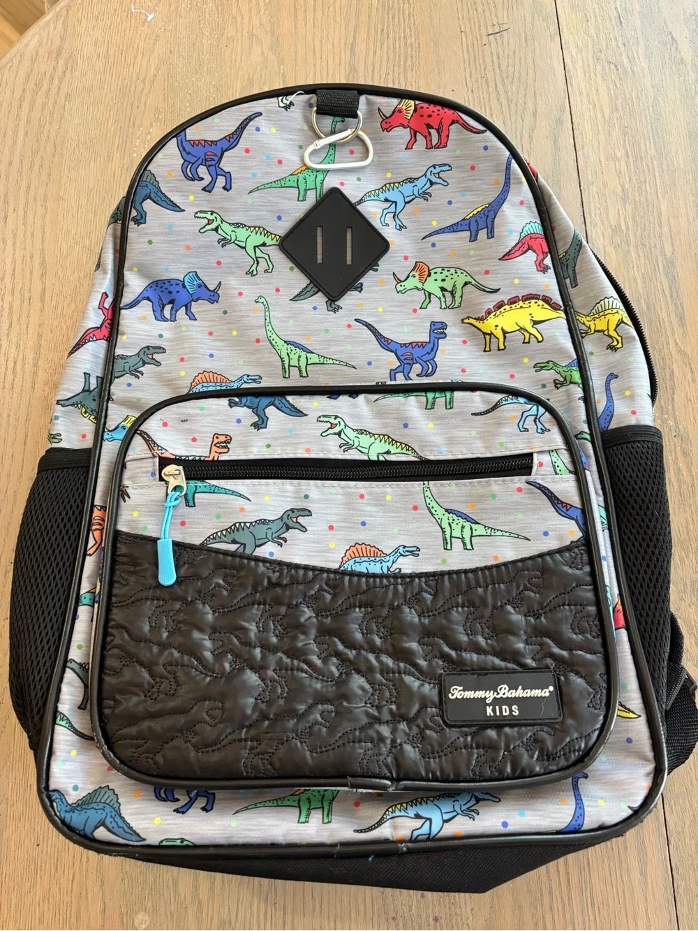 Tommy Bahama Kids Gray Backpack with Multicolor Dinosaur Print